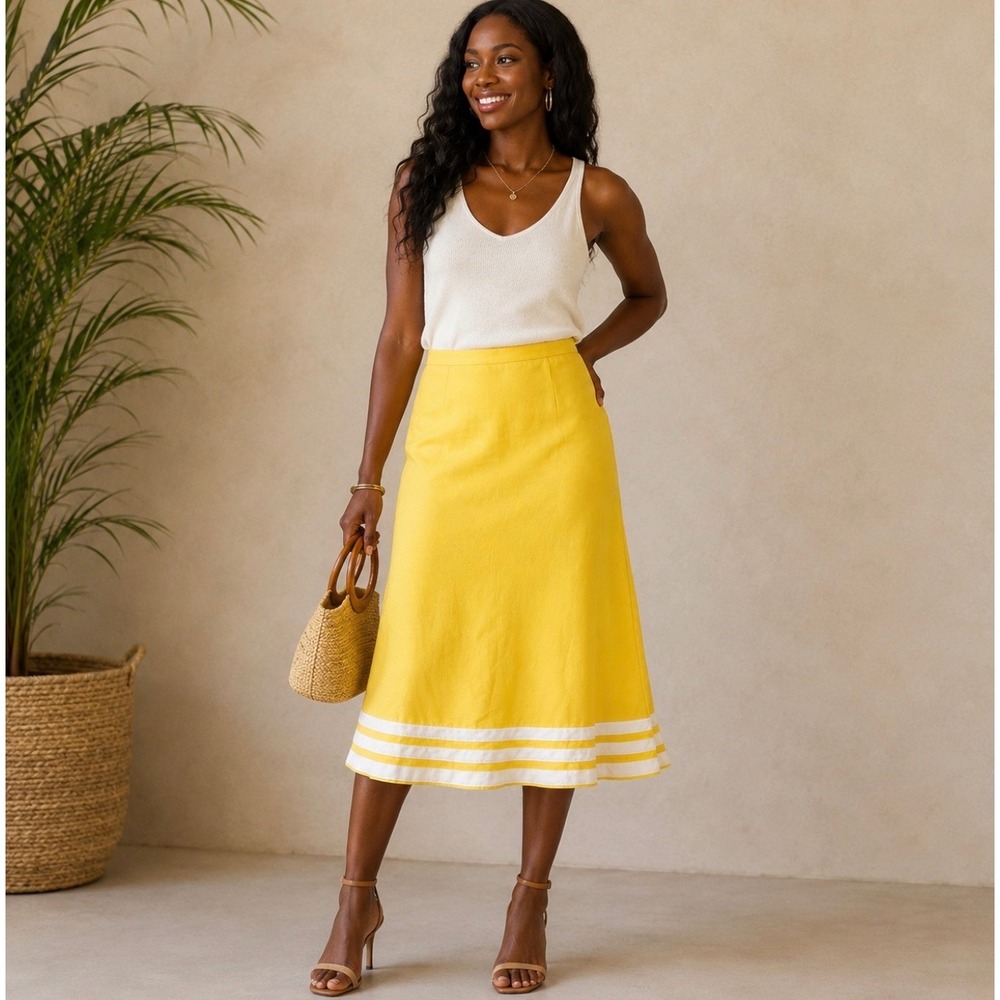 Le Suit Yellow Linen Blend Midi Skirt White Ribbon Hem Size 10 READ